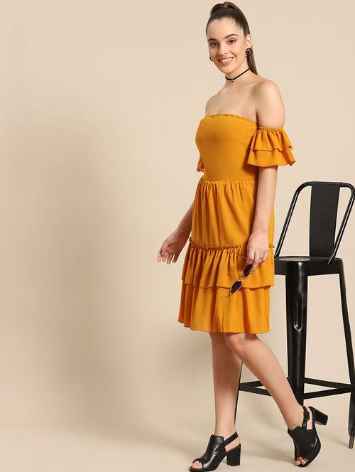 women solid off shoulder layered dress - 21720104 -  Standard Image - 0
