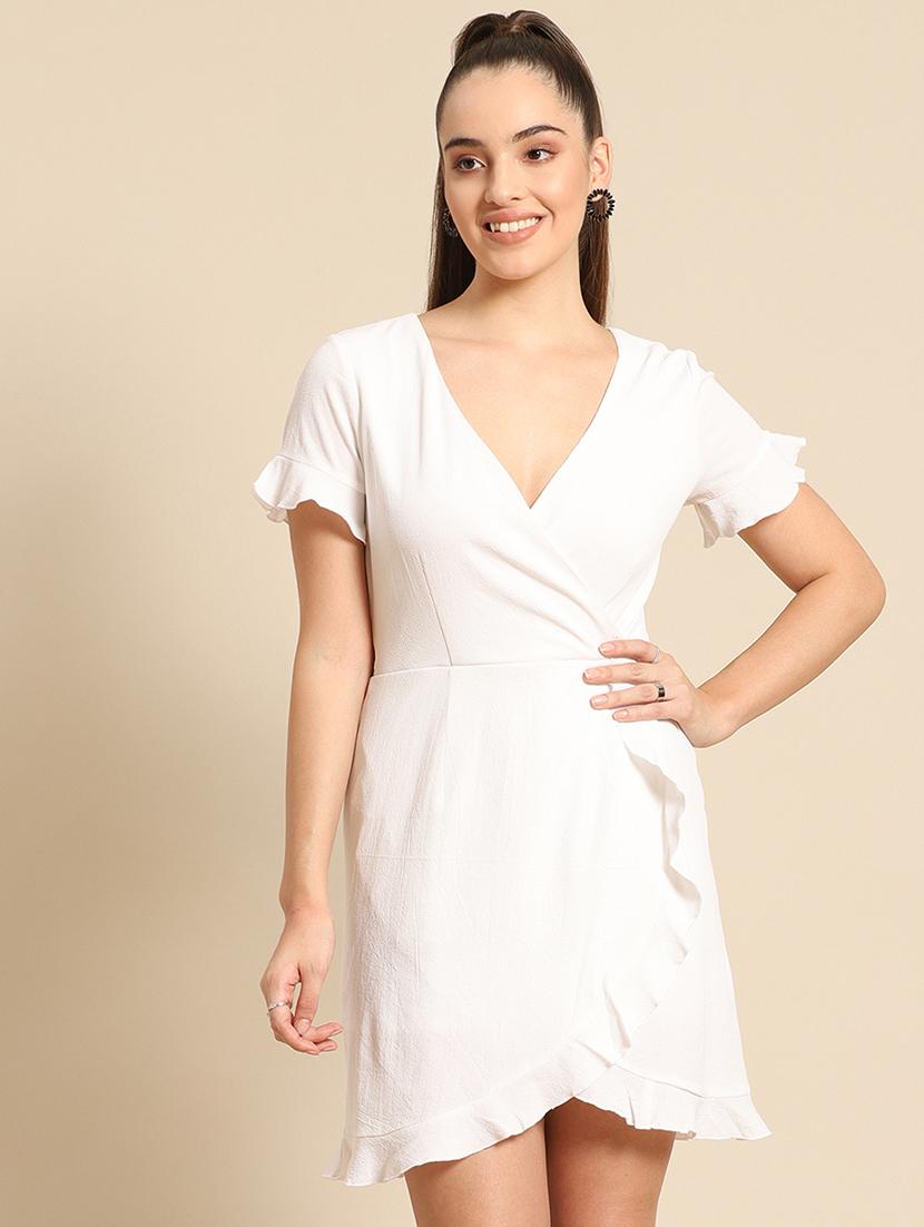 women solid short sleeves wrap dress - 21720106 -  Zoom Image - 0