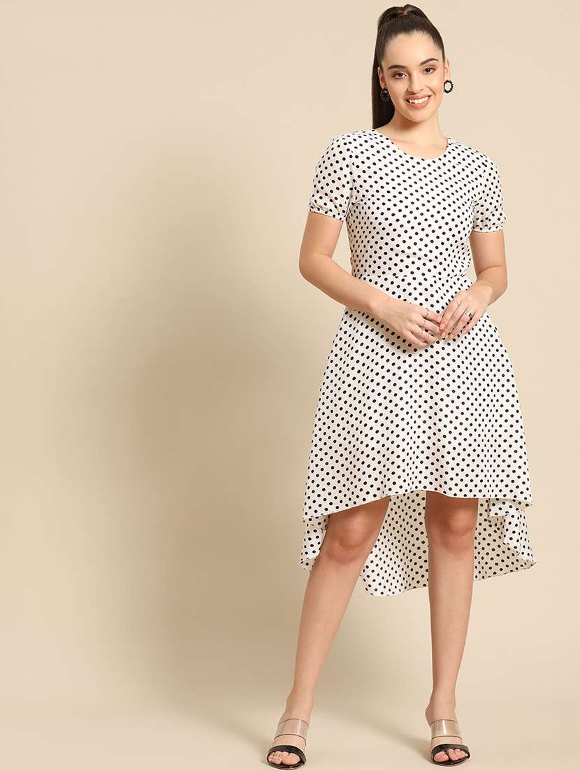 women polka doted high low dress