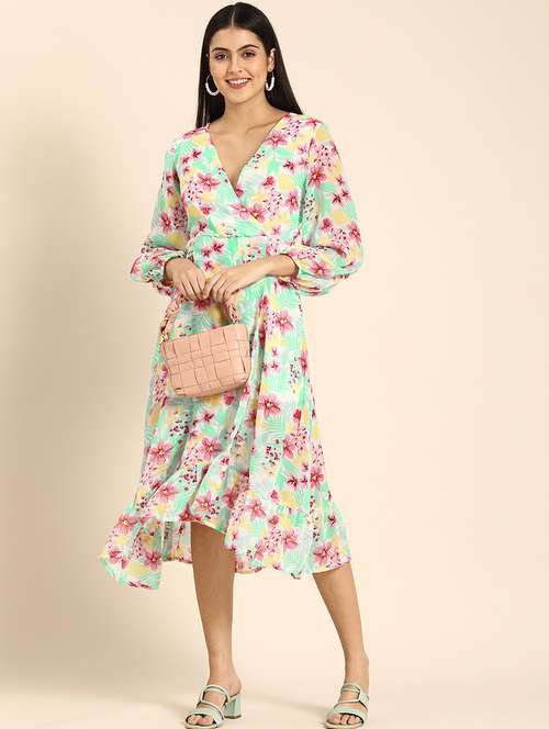 women floral print long sleeves wrap dress - 21720114 - Standard Image - 0