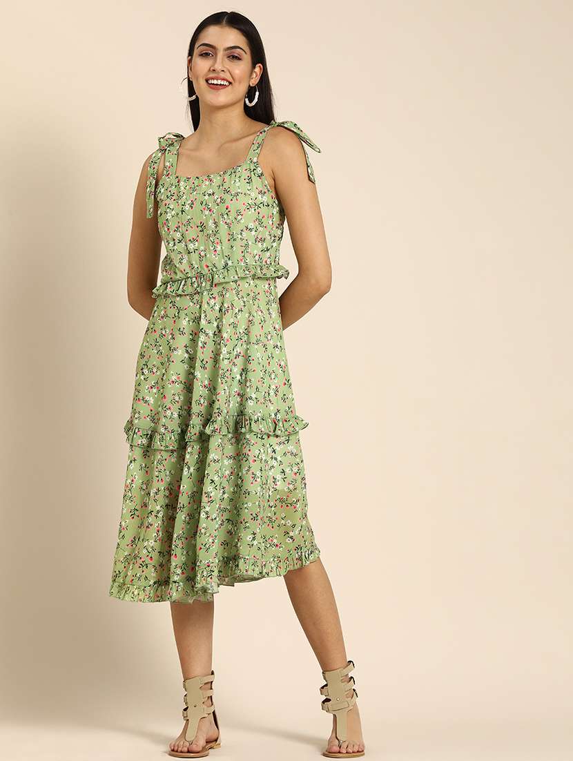 women floral print shoulder strap tiered dress