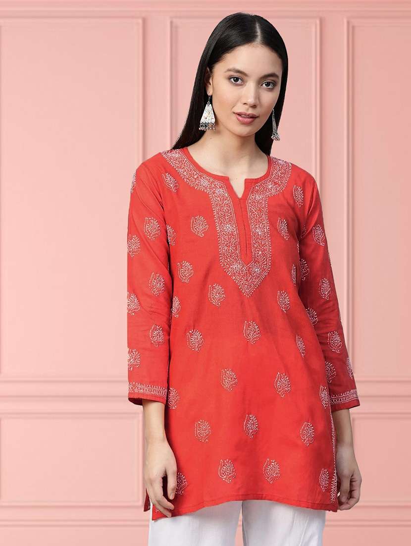 women chikankari long sleeve straight kurti
