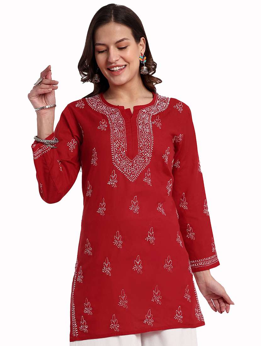 women chikankari long sleeve straight kurti