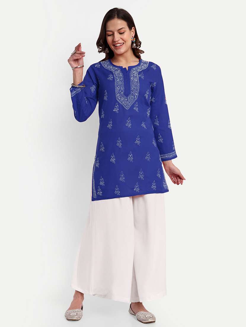women chikankari long sleeve straight kurti