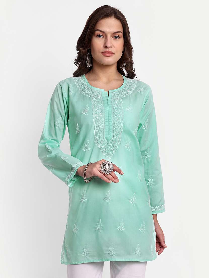 women chikankari long sleeve straight kurti