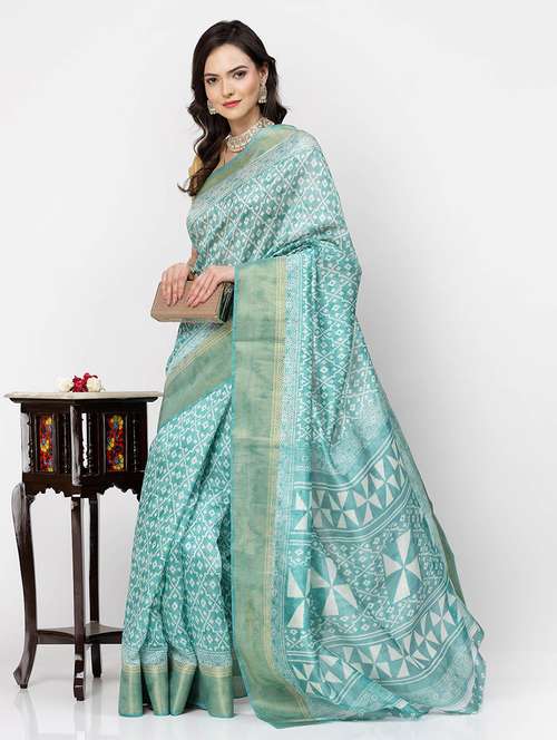 women ai aqua printed bordered saree with blouse - 21720134 - Standard Image - 0
