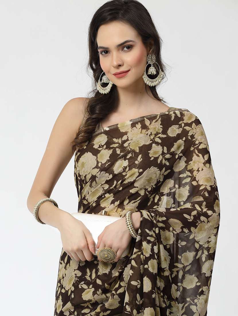 women brown floral printed saree with blouse - 21720152 -  Standard Image - 3