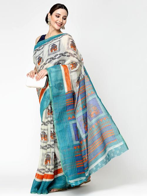 women turquoise printed bordered saree with blouse - 21720178 - Standard Image - 0