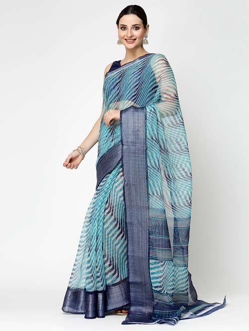 navy blue cotton printed saree with blouse - 21720180 -  Standard Image - 0