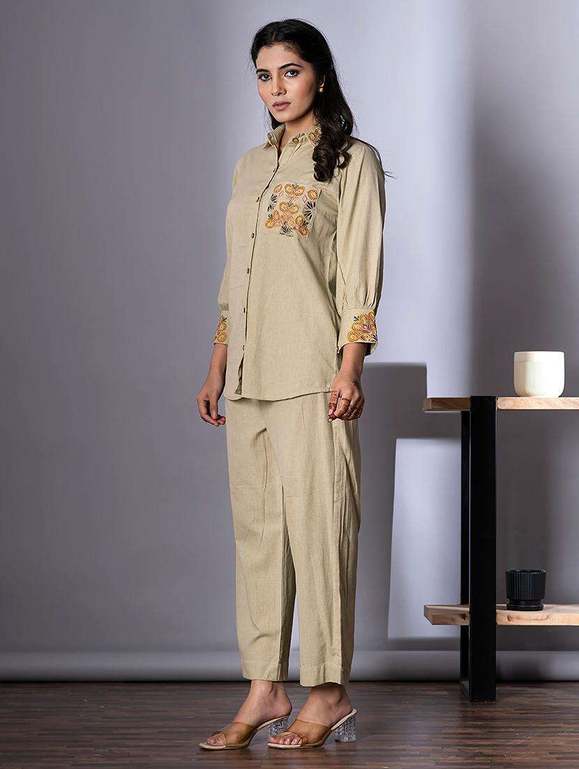 women embroidered shirt collar neck co-ord sets - 21720297 -  Standard Image - 3