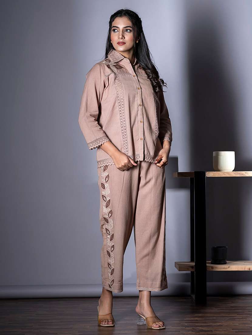 women embroidered shirt collar neck co-ord sets - 21720302 - Standard Image - 3