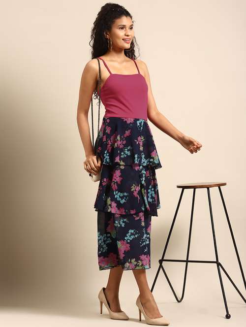 women floral print shoulder trap layered dress - 21720337 - Standard Image - 0