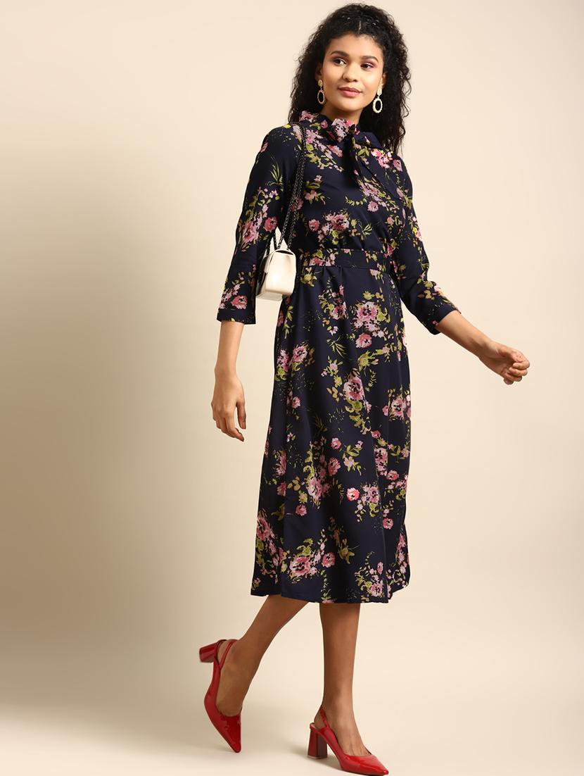 women floral print tie up neck a-line dress - 21720338 -  Zoom Image - 0