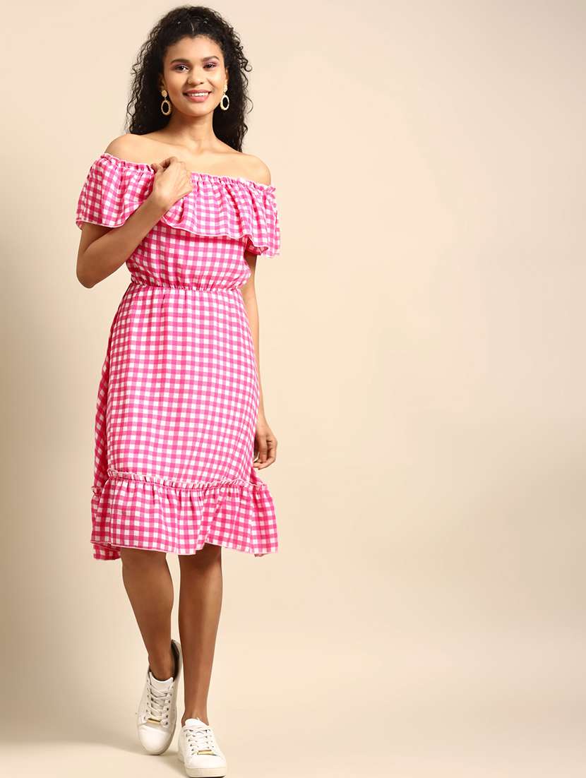 women checkered off shoulder tiered dress - 21720341 - Standard Image - 3