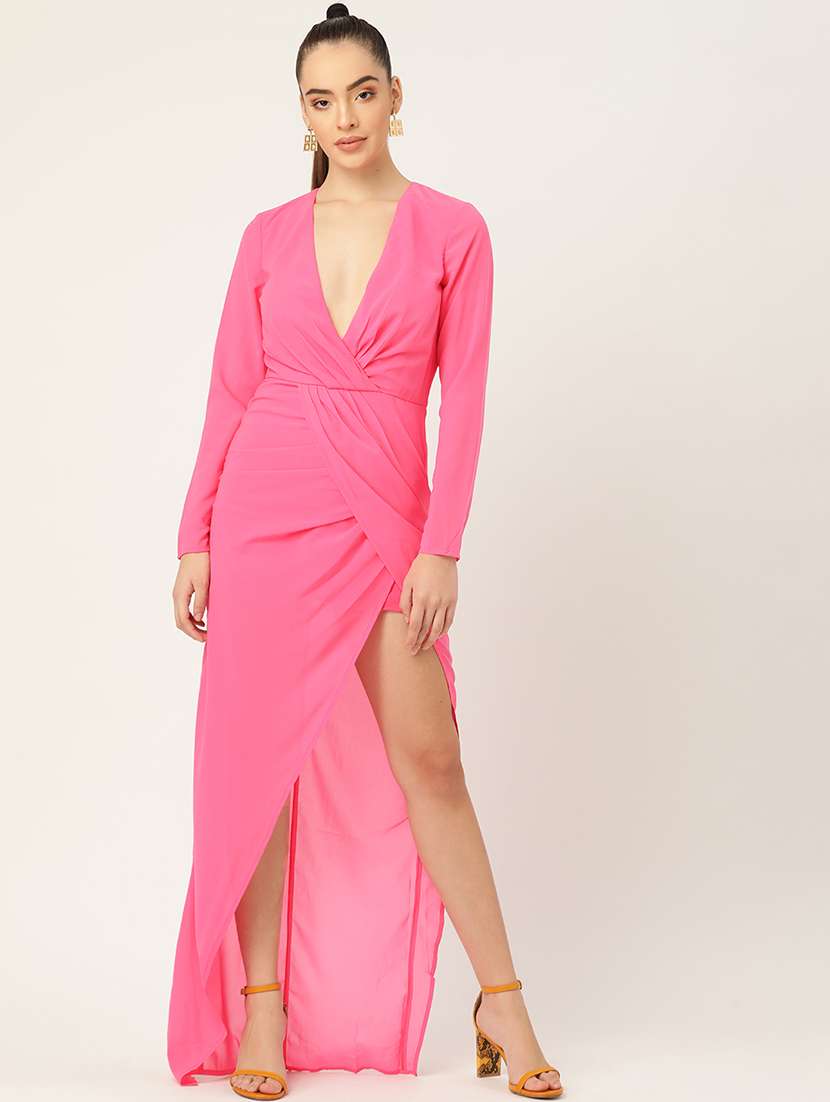 women solid long sleeves high slit dress - 21720352 - Zoom Image - 0