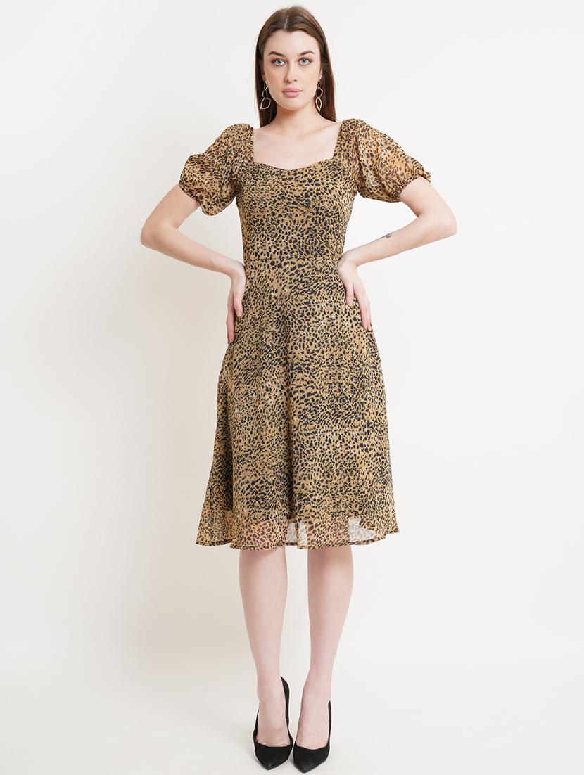 women animal print puff sleeves fit & flare dress - 21720355 - Standard Image - 3