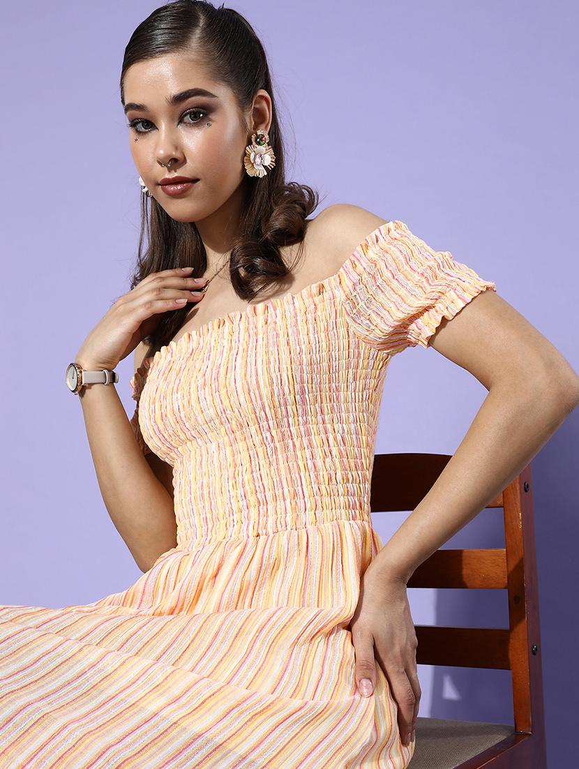 women striped off shoulder a-line dress - 21720371 - Standard Image - 3