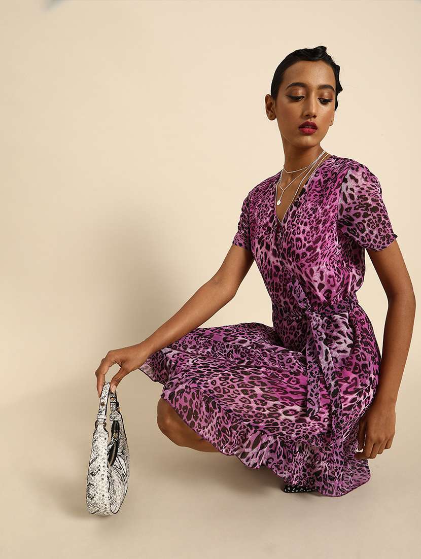 women overlap neck animal printed wrap dress - 21720397 - Standard Image - 3