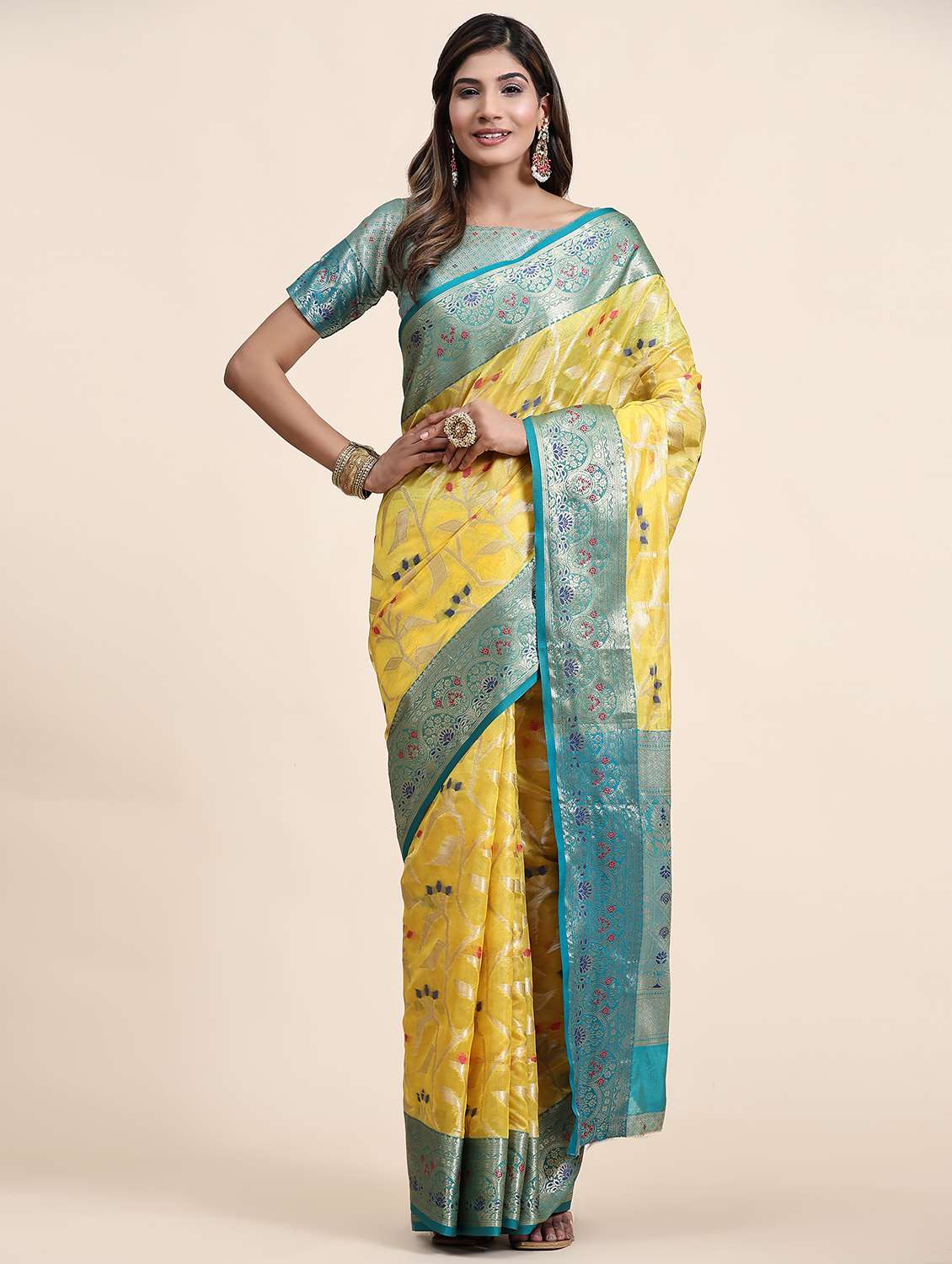 yellow silk kanjivaram saree with blouse - 21720701 - Zoom Image - 0