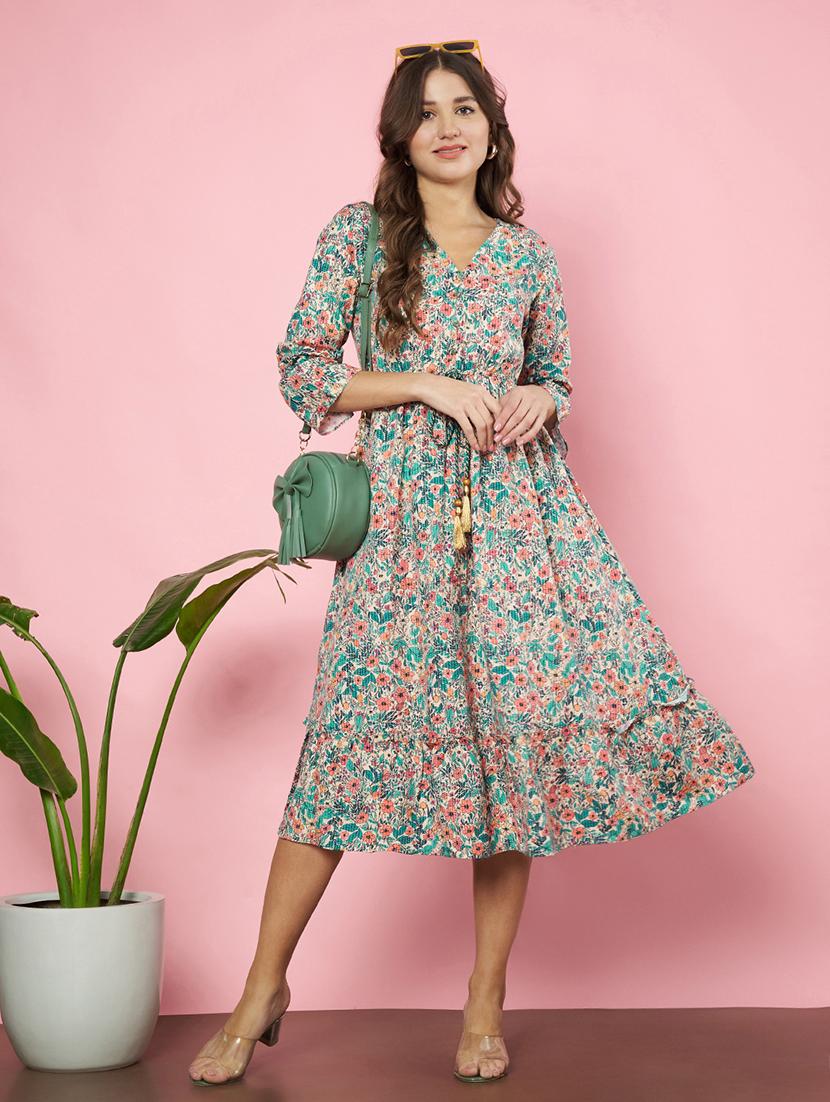 women floral print tiered calf length dress - 21720962 -  Zoom Image - 0