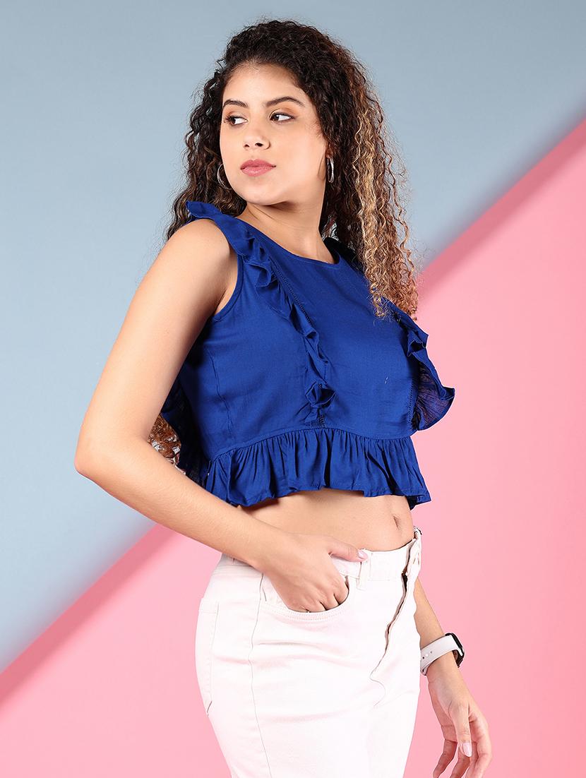 women blue solid sleeveless crop top - 21721018 - Standard Image - 3