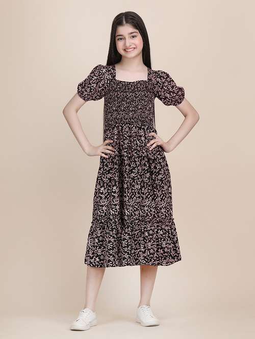women printed puff sleeves tiered dress - 21721189 - Standard Image - 0