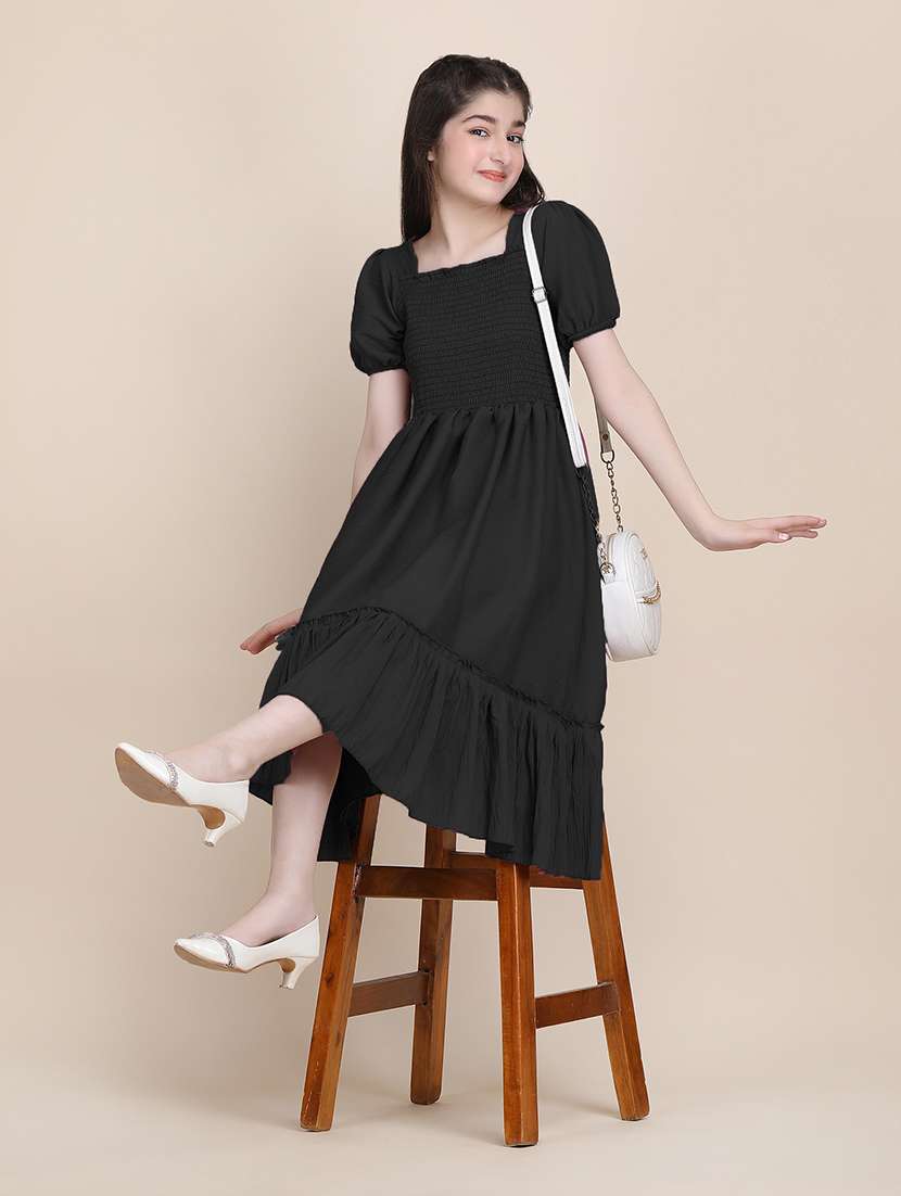 women solid puff sleeves tiered dress - 21721197 - Standard Image - 5