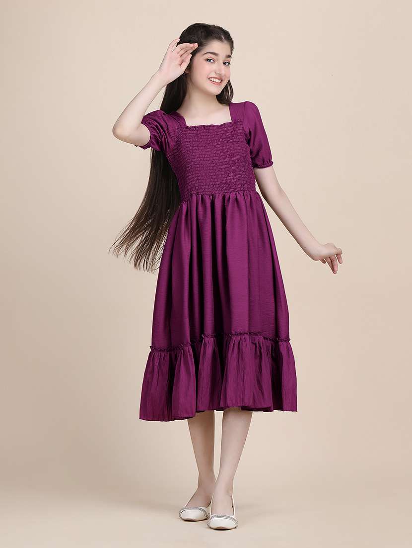 women solid puff sleeves tiered dress - 21721199 -  Zoom Image - 0