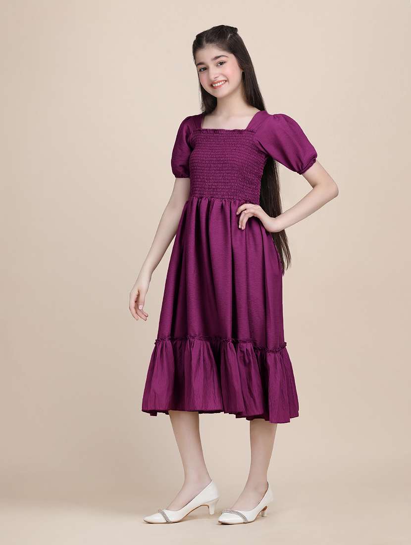 women solid puff sleeves tiered dress - 21721199 - Standard Image - 3