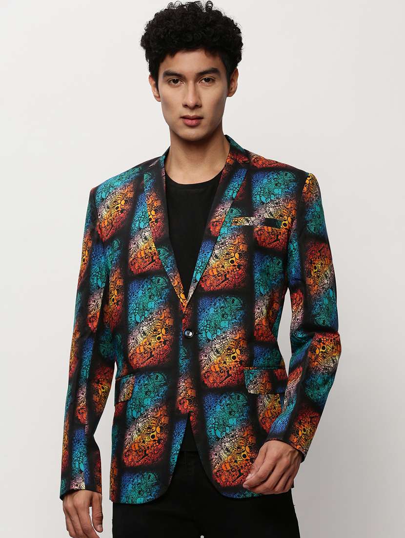 men printed lapel collar single breasted casual blazer