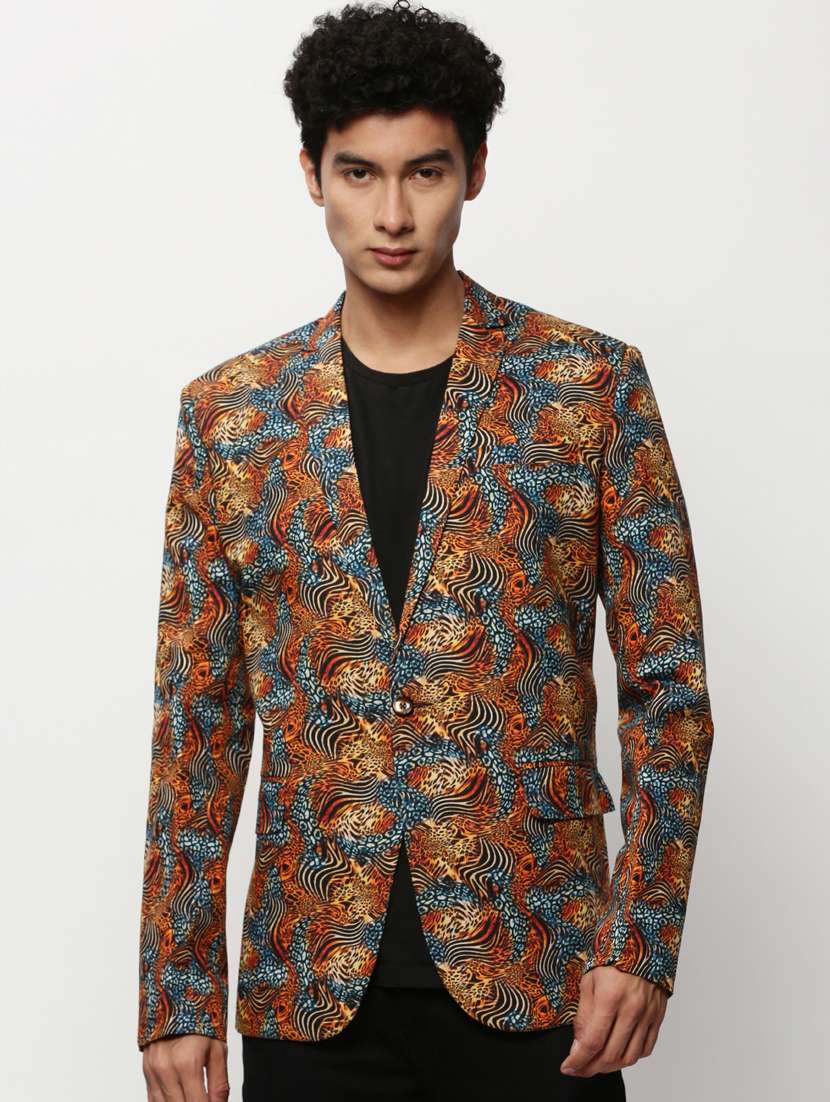 men printed lapel collar single breasted casual blazer