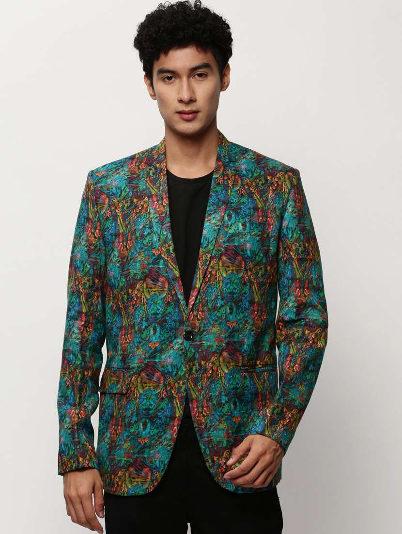 men printed lapel collar single breasted casual blazer