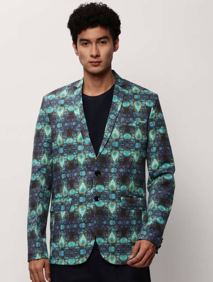 men printed lapel collar single breasted casual blazer