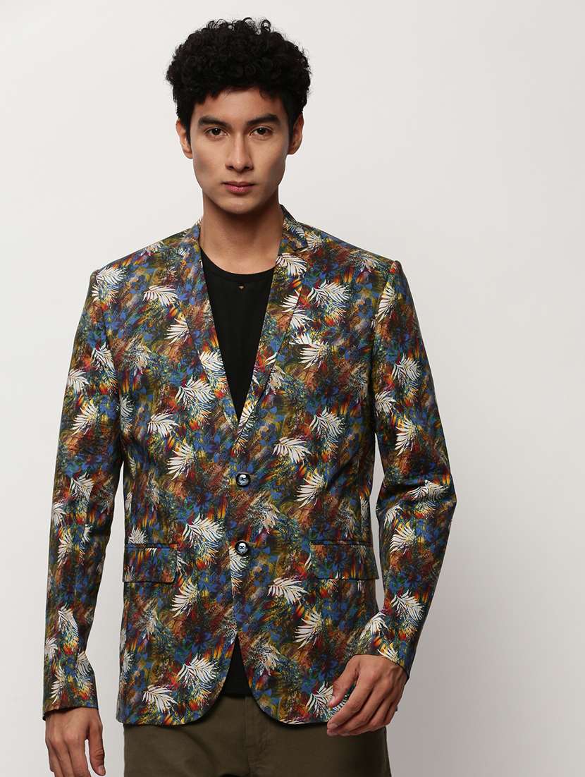 men printed lapel collar single breasted casual blazer