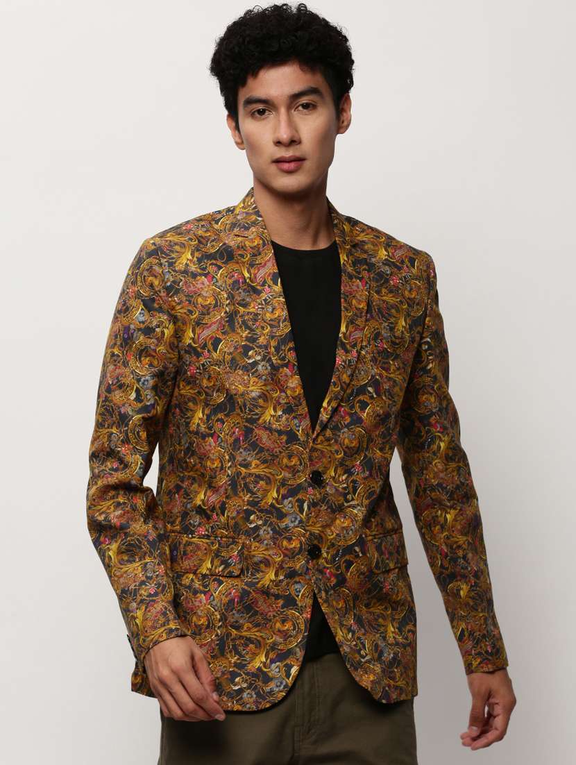 men printed lapel collar single breasted casual blazer