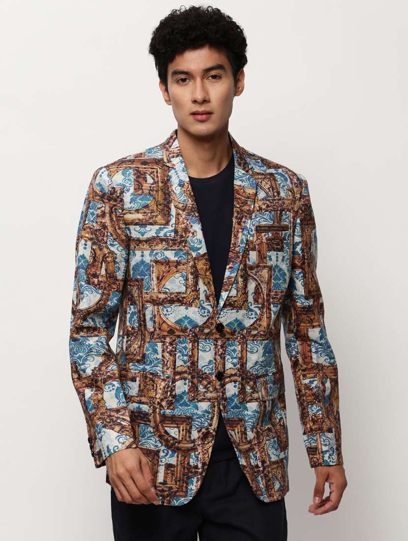 men printed lapel collar single breasted casual blazer