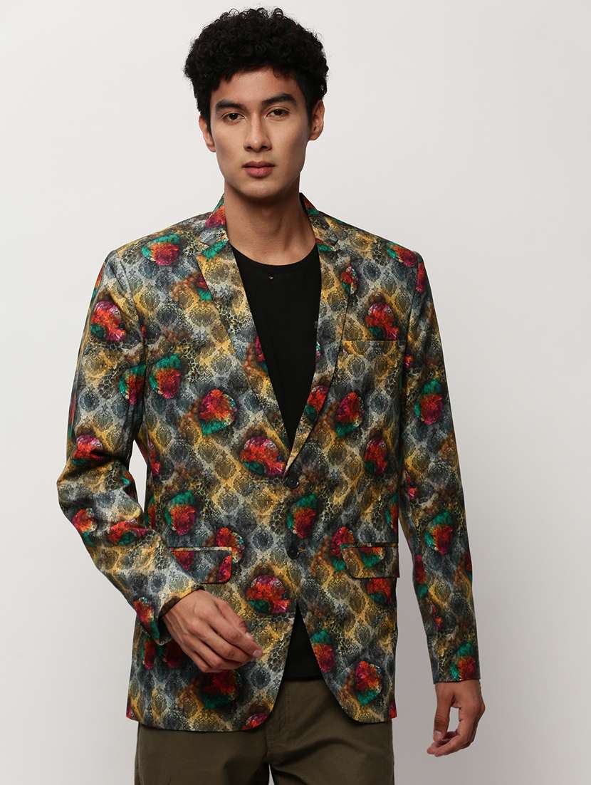 men printed lapel collar single breasted casual blazer