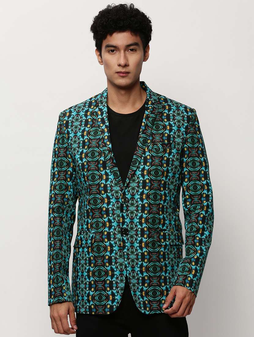 men printed lapel collar single breasted casual blazer