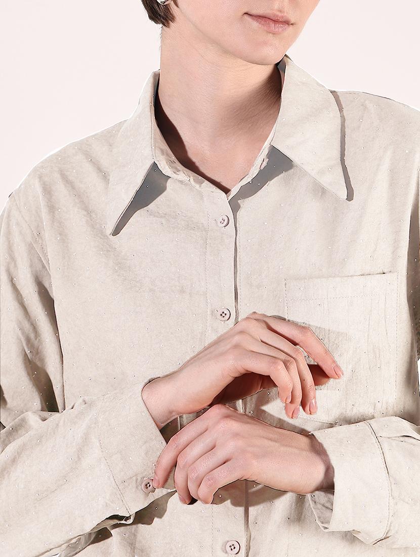 women beige solid with work long sleeve shirt - 21721655 - Standard Image - 5
