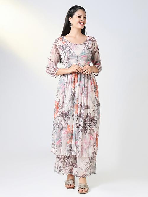 women beige floral printed round neck fusion set - 21721656 - Standard Image - 0