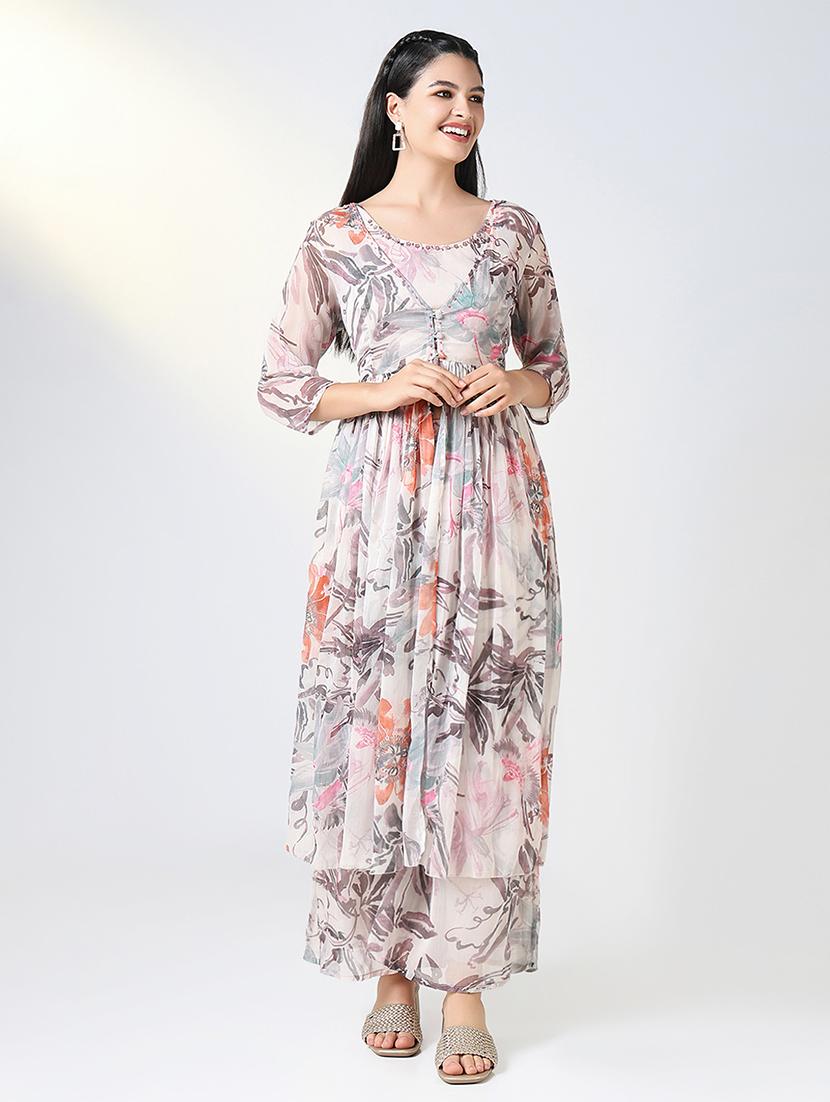 women beige floral printed round neck fusion set - 21721656 - Zoom Image - 0