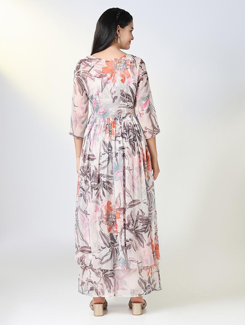women beige floral printed round neck fusion set - 21721656 - Standard Image - 3