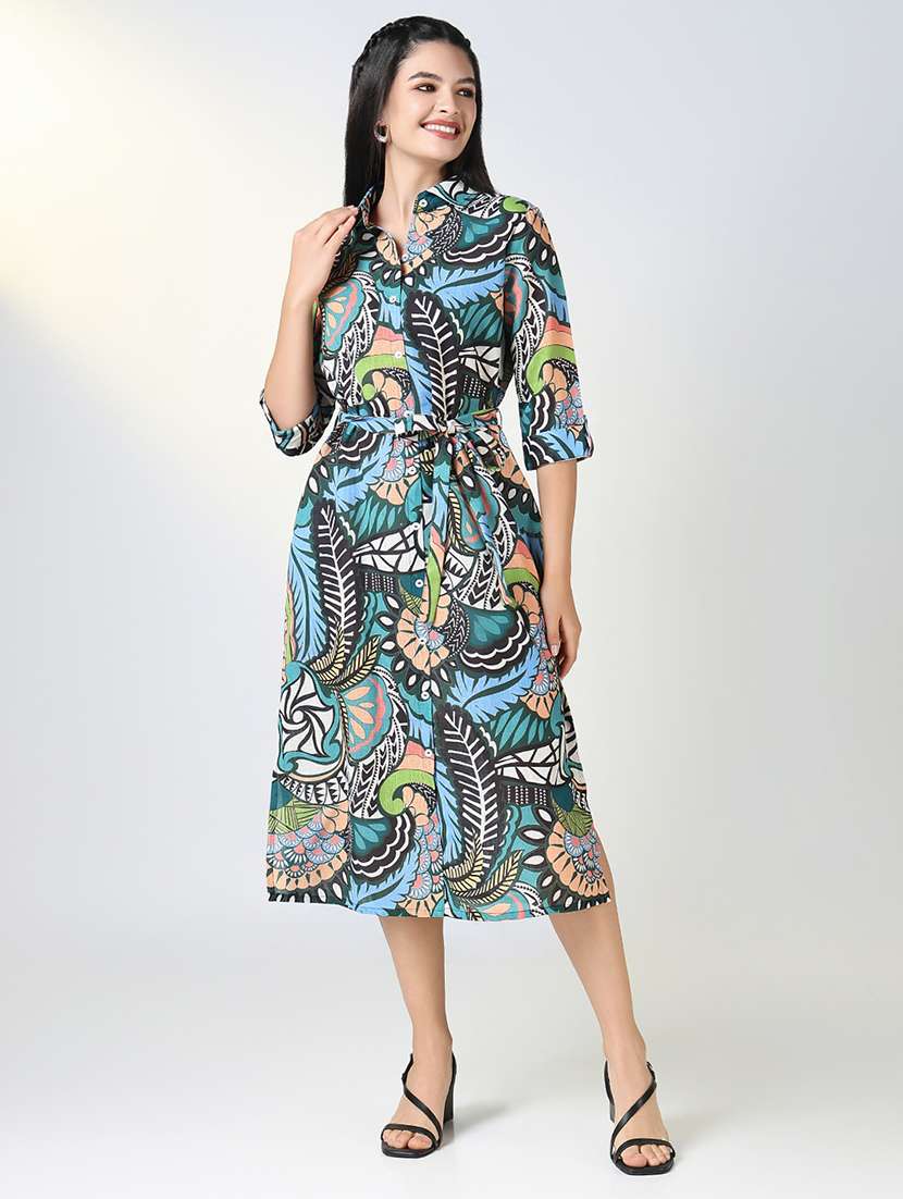 women printed roll up sleeve shirt dress