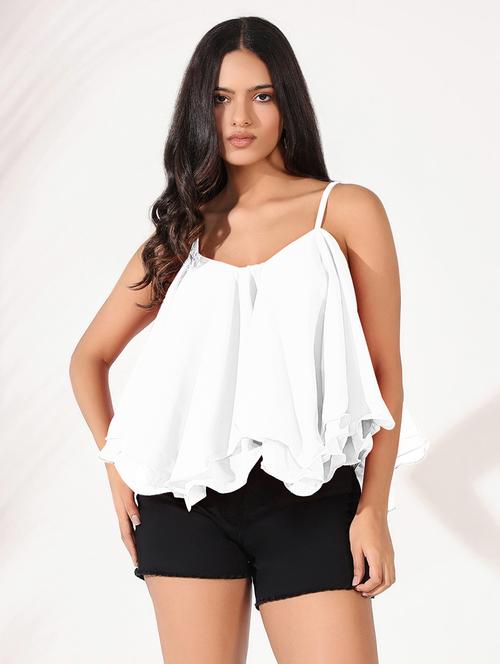 women solid shoulder strap neck regular top - 21721684 - Standard Image - 0