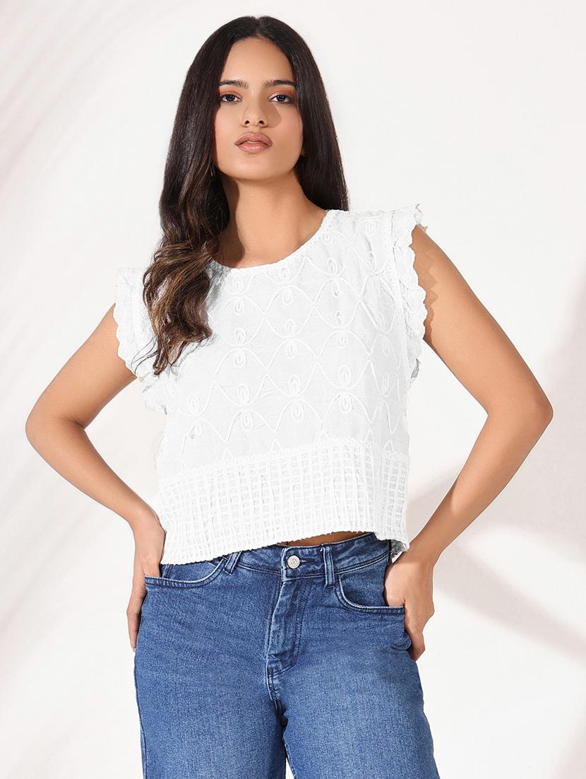 women white round neck embroidered crop top - 21721692 -  Zoom Image - 0