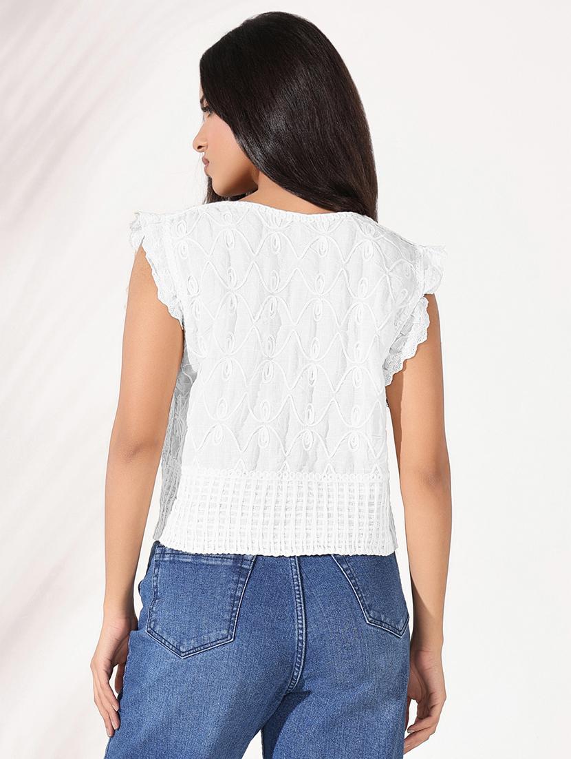 women white round neck embroidered crop top - 21721692 - Standard Image - 3