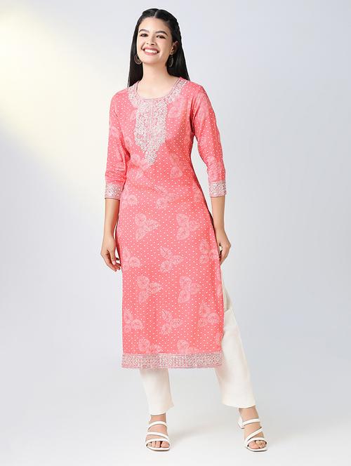 women pink printed three quarter sleeve straight kurta - 21721695 - Standard Image - 0
