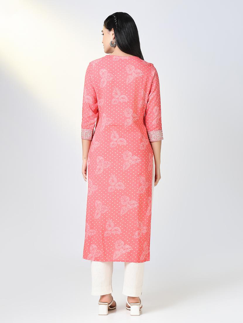 women pink printed three quarter sleeve straight kurta - 21721695 - Standard Image - 3