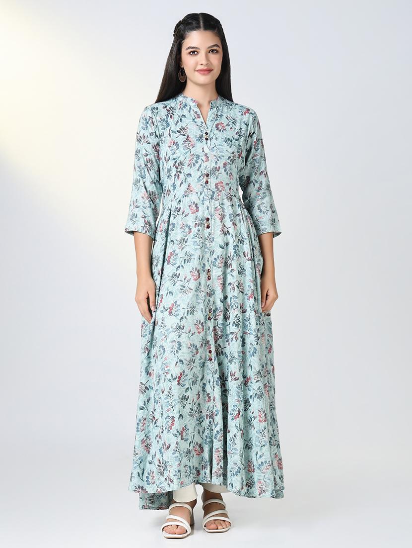 women printed mandarin neck flared kurta - 21721697 - Zoom Image - 0