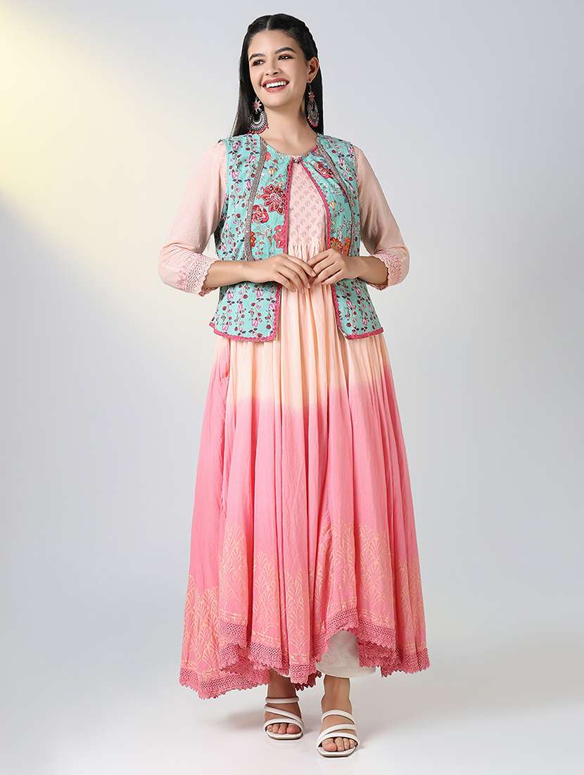 women peach printed three quarter sleeve anarkali kurta - 21721698 - Zoom Image - 0